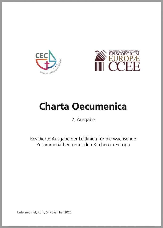 Das Bild zeigt die Titelseite der "Charta Oecumenica 2. Ausgabe" vom 5. November 2025.