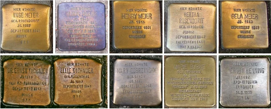 Das Bild zeigt 10 Stolpersteine für Menschen, die von den Nationalsozialisten ermordet wurden. Das sind: Inge Meier, Claus Beeck, Henry Meier, Hertha Rosendorf, Bela Meier, Dr. Ernst Tichauer, Mary Dobrzinsky, Marie Burke und Ernst Henning.